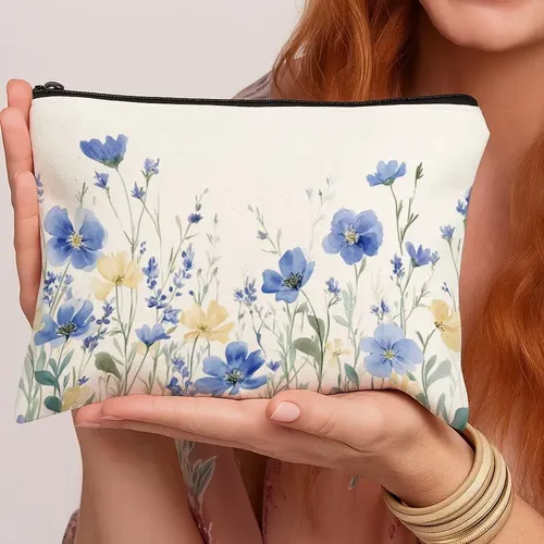Bolsa De Maquillaje De Flores Silvestres De Color Azul Acuar 1 Piece/8 * 10 Inches/20 * 25 Cm