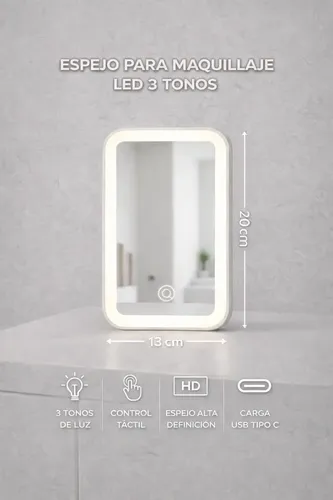 Espejo Con Luz Led Táctil 3 Tonos Ajustable Usb