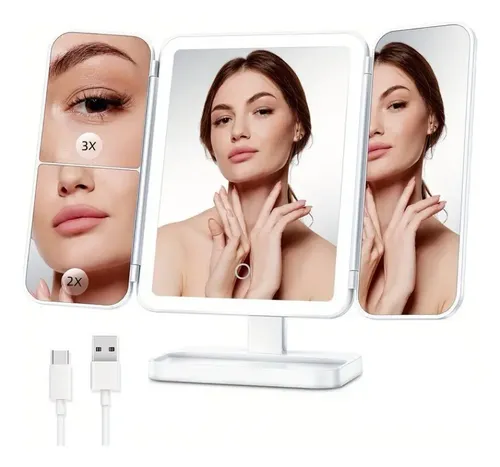 Espejo Tríptico Para Maquillaje Con Luz Led Y Aumento Usb !