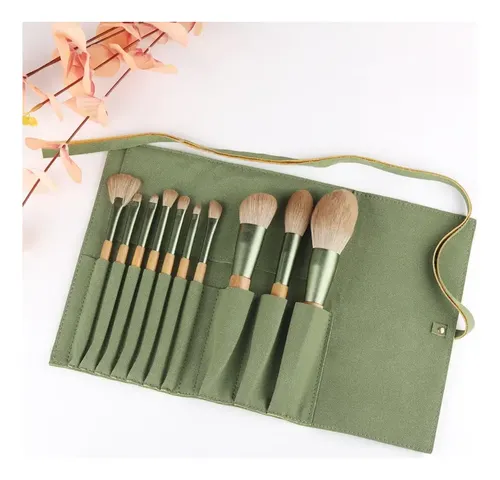 Set De 10 Brochas De Maquillaje Verdes Con Estuche Rd