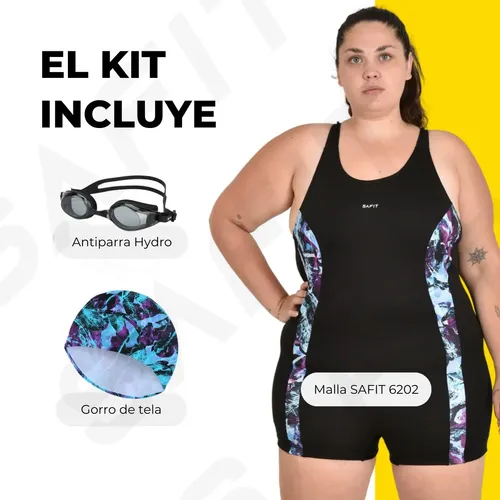 Combo Malla Con Short + Gorro Tela + Antiparra Talle Grande