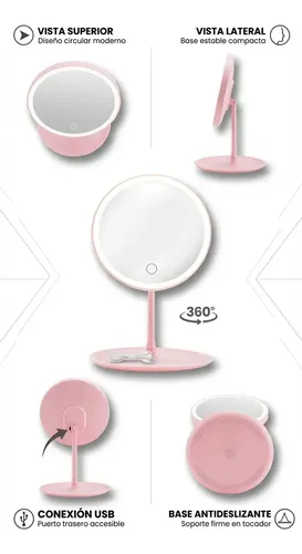 Espejo Para Maquillaje Redondo Con Luz Led Táctil Usb Rosa