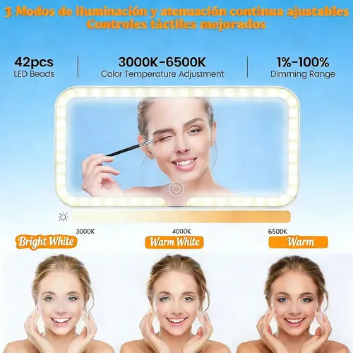 Espejo Maquillaje Visera Coche 3 Modos Luz 42 Led Recargable