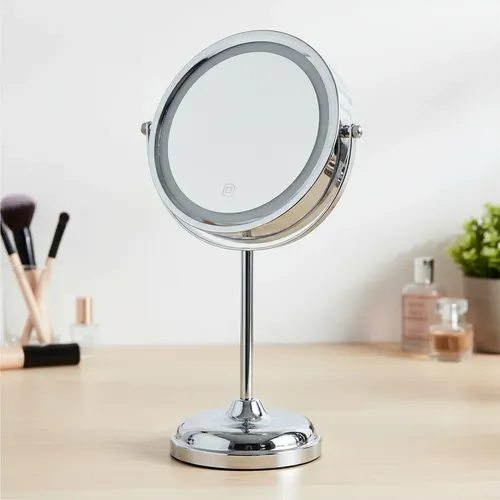 Espejo Doble 22cm Diametro Luz Led y Aumento X3 c/ Base Hecha en Metal Cromado Super resistente + Leds integrados a pila para suavisar sombras al ver de muy cerca mejorando experiencia de Uso – Oferta