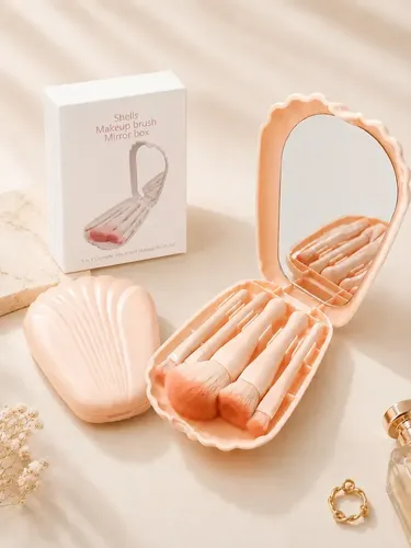 Set De Brochas Maquillaje Con Espejo Portátil Viaje 5 Pzs