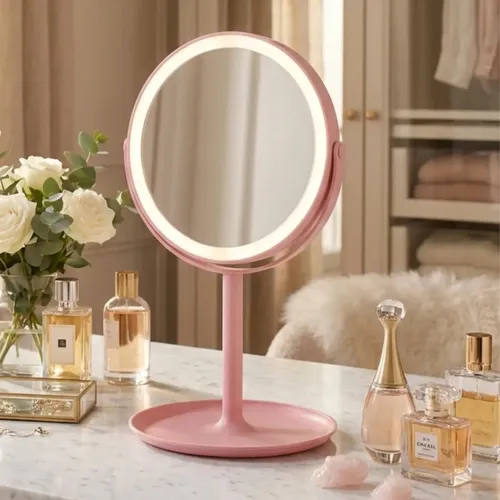 Espejo Para Maquillaje Redondo Con Luz Led Táctil Usb Rosa