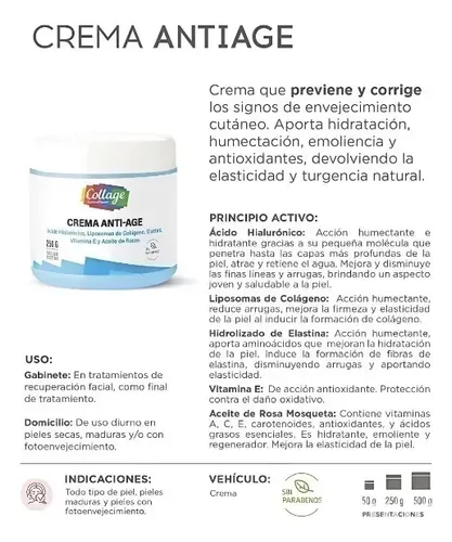 Crema Anti Edad Collage 250g Con Ácido Hialurónico Y Vitamina E