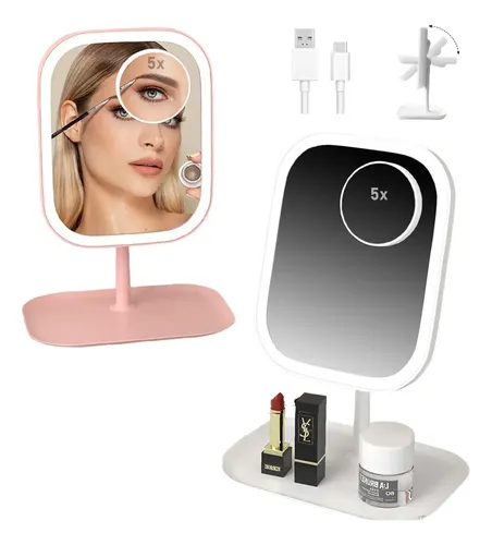 Espejo Maquillaje Luz Recargable Usb Con Lupa 5x Aumento