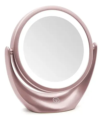 Espejo Maquillaje Led Rosa Portátil Con Aumento 5 Aume P