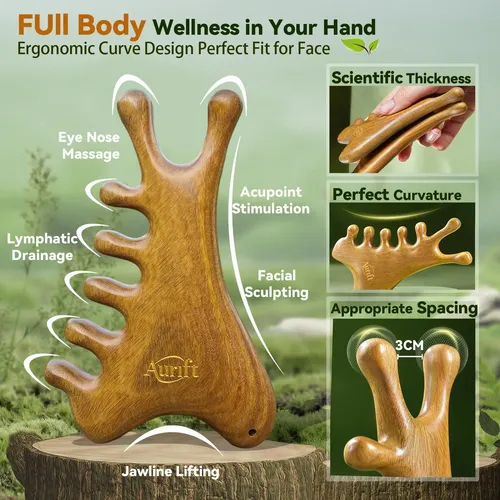 Gua Sha Tool Aurift 4 En 1 Para Rostro Y Cuerpo, Madera De S