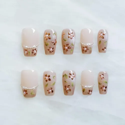 [glors] Uñas Postizas Press On Nude Rosa Con Foil Oro Rosa
