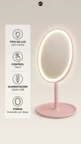 Espejo Mtl Ovalado Luz Led Mesa Tocador Encendido Tactil Iluminacion Natural Portatil Compacto Base Firme Diseño Moderno Maquillaje Cuidado Facial Dormitorio