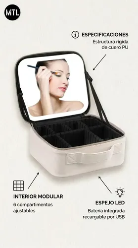 Alhajero Neceser Mtl Organizador Portátil Con Luz Led Espejo Bandeja Desplegable 6 Compartimentos Ajustables Material Pu Resistente Diseño Elegante Color Blanco Accesorios Maquillaje Viaje
