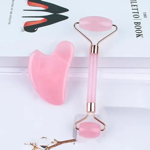 Set Rodillo Facial Y Gua Sha Cuarzo Rosa Masaje Belleza Mrgh