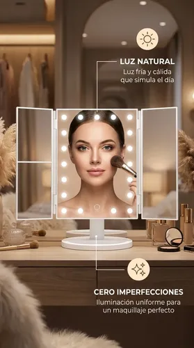 Espejo Mtl Tríptico Con Luz Led Iluminación Portátil Base