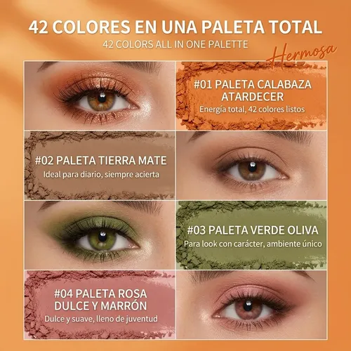 Paleta De Sombras 42 Tonos Gama Otoño Ámbar Mate Y Brillo