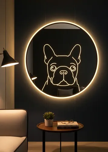 Espejo Led Bulldog Francés 50cm Luz Cálida Marco Negro