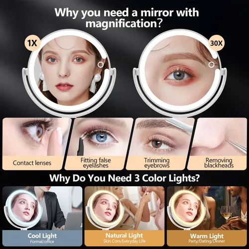 Espejo De Maquillaje Miyadiva Con Aumento 30x, Luz Y Soporte