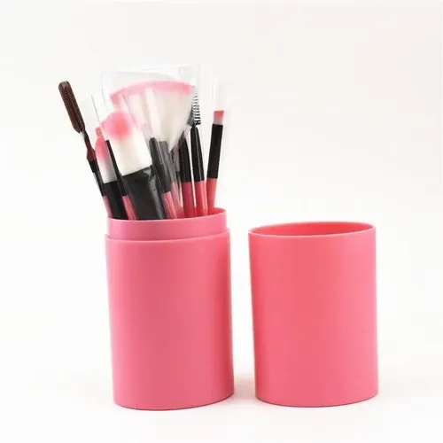 Set 12 Brochas Maquillaje Con Estuche Tubo Color Rosa