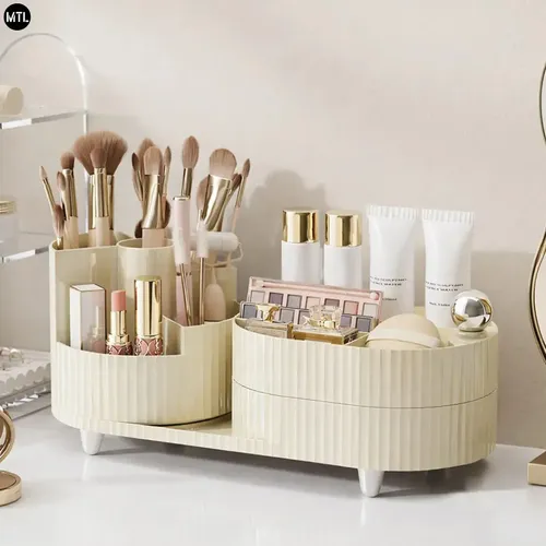 Organizador Maquillaje Brochas Giratorio Mtl Varios Compartimentos Divisorios Pet Abs Estructura Resistente Diseño Moderno Cosmeticos Perfume Skincare Tocador Orden Belleza
