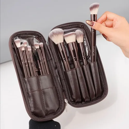 Set De 12 Pinceles Rancai Con Estuche De Cuero Marrón
