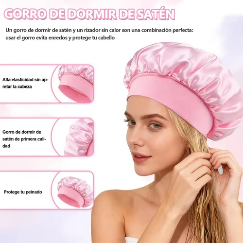 Rulos Sin Calor + Gorro Satén For Dormir, 5 Piezas, Rosa