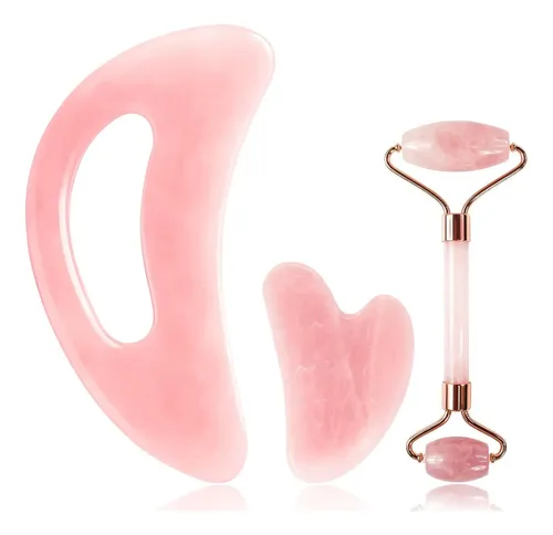 Set Rodillo Y Gua Sha Cuarzo Rosa Para Rostro Y Cuerpo