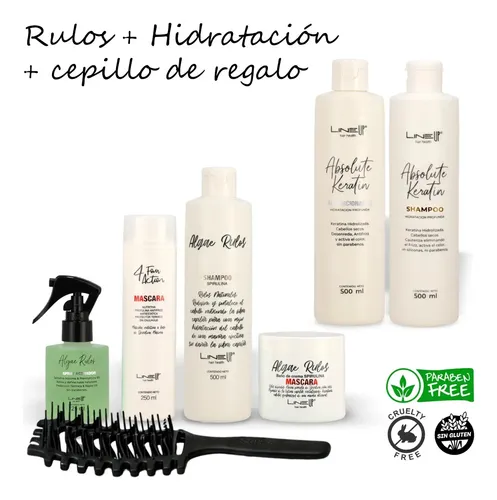 Kit Profesional Rizos Super Hidratación, Shampoo y Máscara Rizos Crema de Peinar Hidratación, reparadora y Protectora Térmica y Spray Hidratador y Formador (único AMC del Kit) de Rulos Line Up
