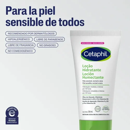 Cetaphil Loción Humectante Facial y Corporal 236 ml. Hidratación 48h con Niacinamida, Vitamina E y Aceite de Aguacate.