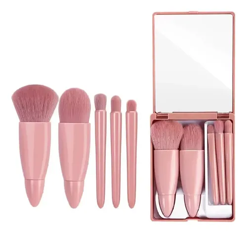 Set 5 Mini Brochas Maquillaje Estuche Espejo Portatil Viaje
