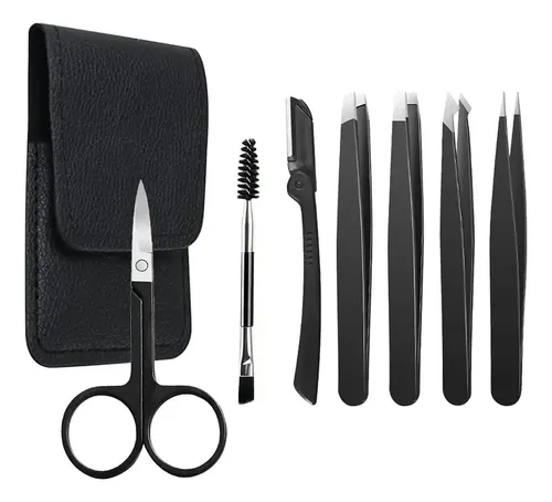 Kit 6 Piezas Pinzas Y Tijera Para Cejas Con Estuch Negro Lisa