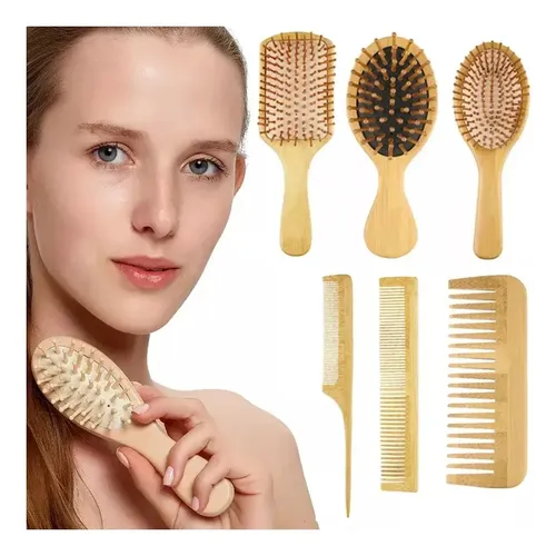 Kit De Cepillos Y Peines De Bambú Antiencrespamiento, 6 Piez