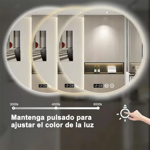 Espejo de Baño Redondo con Luz LED, 60 cm, Antivaho y Táctil