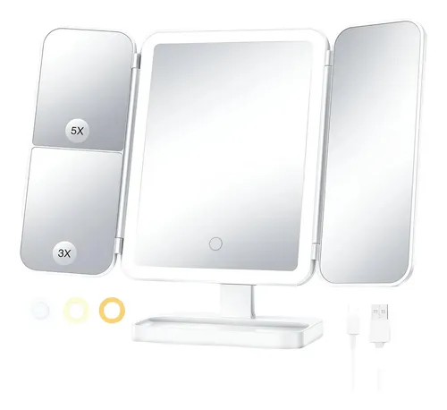 Espejo Maquillaje Tocador Luz Led C/ Aumento Usb Marco Blanco