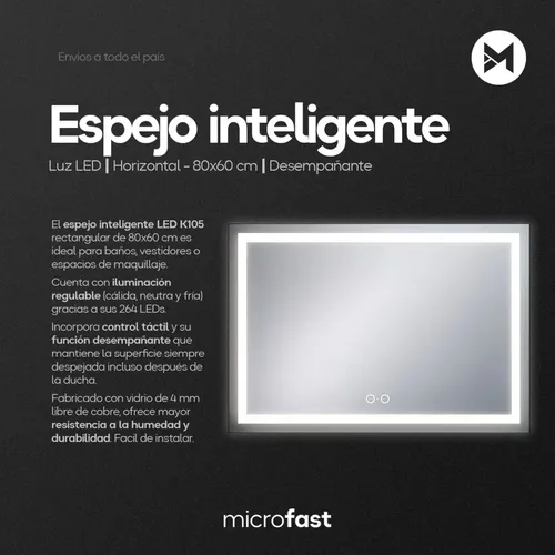Espejo Luz Led Touch/Táctil Inteligente Baño Premium Desempañante Fría/Cálida/Neutra Rectangular Horizontal Moderno 80x60cm Esmerilado Regulación de Brillo