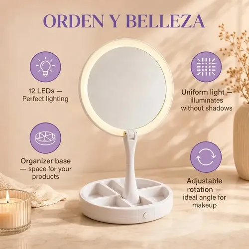 Espejo Redondo Con Luz Led Aumento 10x Plegable Portátil Daikon