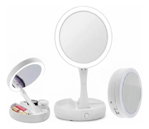 Espejo Maquillaje Luz Led Plegable Doble Cara Aumento Mesa
