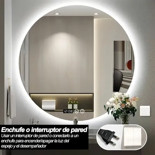 Espejo de Baño Redondo con Luz LED, 60 cm, Antivaho y Táctil
