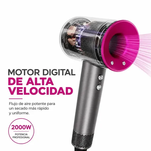 Secador de Pelo Profesional Exxtra Tech con 5 Boquillas Magnéticas y Soporte de Pared, 2000W Iónico Color Fucsia