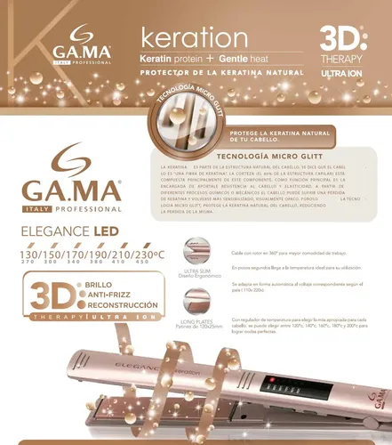 Planchita De Pelo Ga.ma Elegance Keration Led con Regulador de Temperatura Color Dorado
