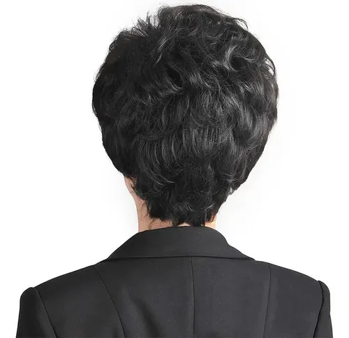 Mediana Edad Mujer Corto Rizado Peluca Sintético Negro
