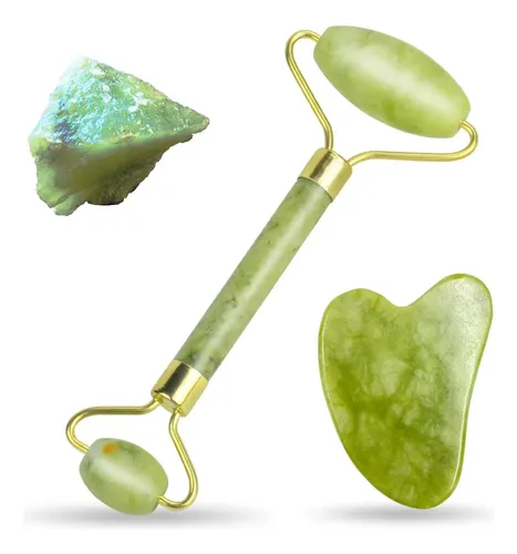 Set Gua Sha Y Rodillo Facial Dsenfurn Piedra Jade Verde
