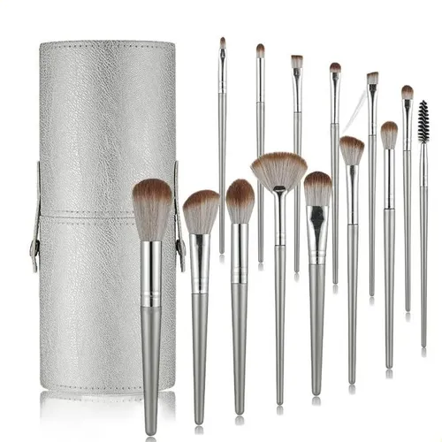 Mujer Set Pinceles Maquillaje 14 Piezas Con Estuche Silver