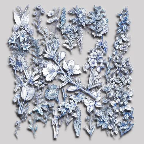 50 Stickers Flores Azules Y Blancas Pack