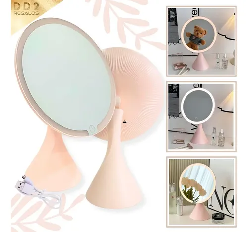 Espejo De Maquillaje Con Luz 3 Tonos Giratorio P/ Escritorio