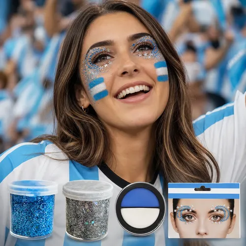 Kit Mundial Glitter Maquillaje Facial Azul Plata Strass