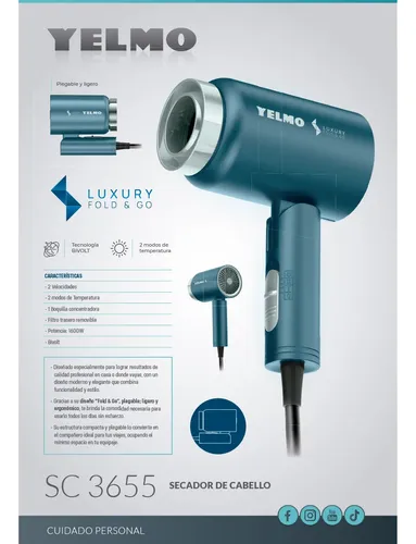 Secador De Cabello Yelmo Sc-3655 Fold Go 1600w Bivolt