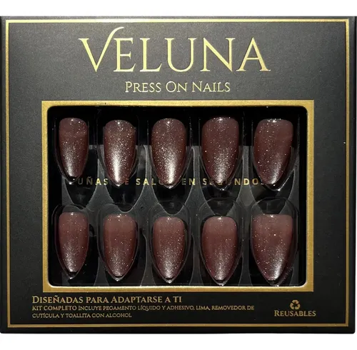 Uñas Press On Veluna – Almendras Cortas 32u – Ojo De Gato Color Marrón Café Perlado Ojo De Gato