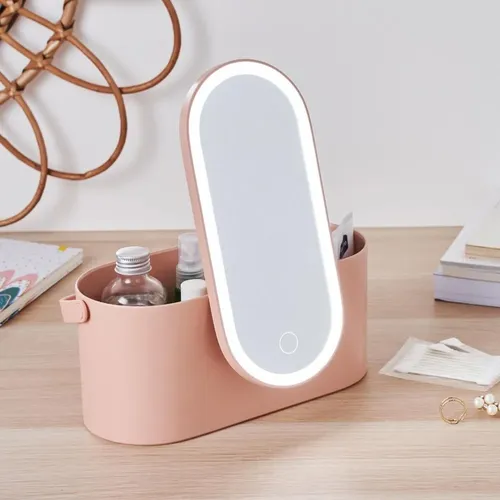 Portacosmetico Organizador De Maquillaje Con Espejo Led Rosa