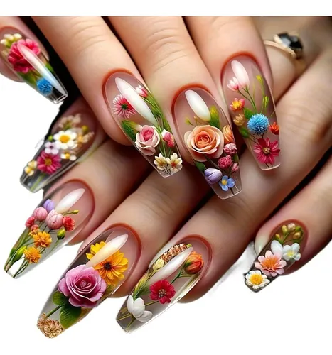 24pcs Mid-length Clear Floral Press-on Nails